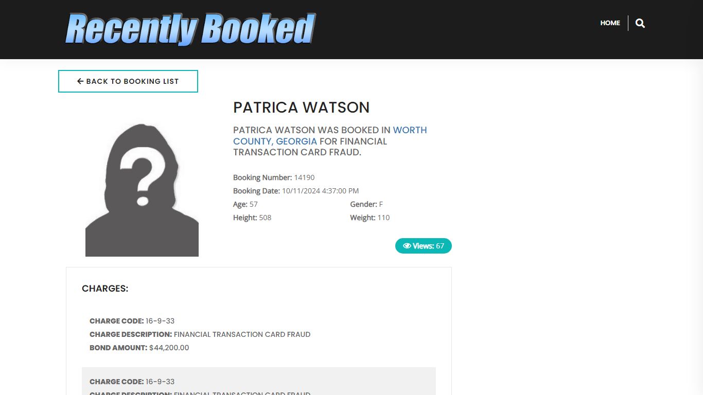 Recent Booking / Mugshot for PATRICA WATSON in Worth County, Georgia